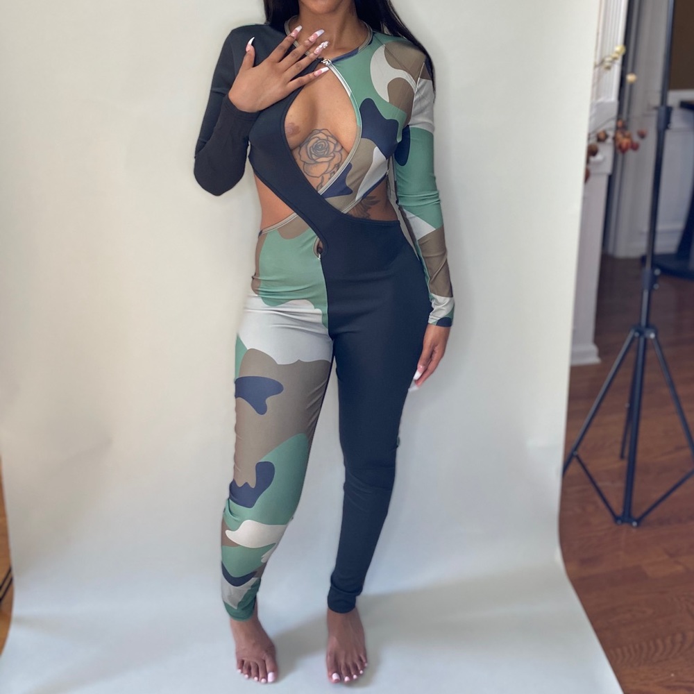 Long Sleeve Cut Out Camouflage Jumpsuit